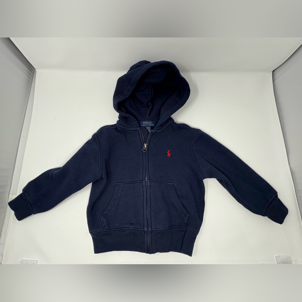 POLO Ralph Lauren Navy Blue Cotton Zip Up Hooded Sweater Toddler Boy 2T Preppy